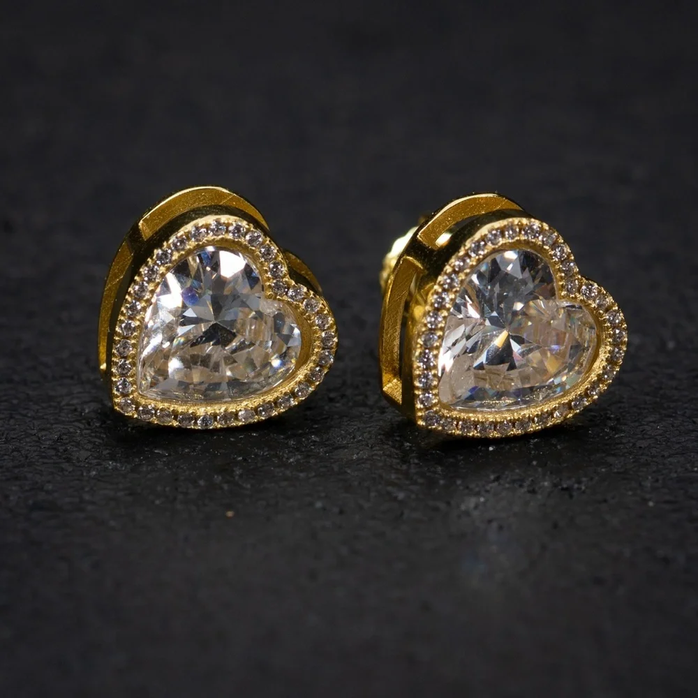 Yellow Gold 925 Sterling Silver Cz Heart Shaped Women's Stud Screw Back Earrings - Picture 5 of 5
